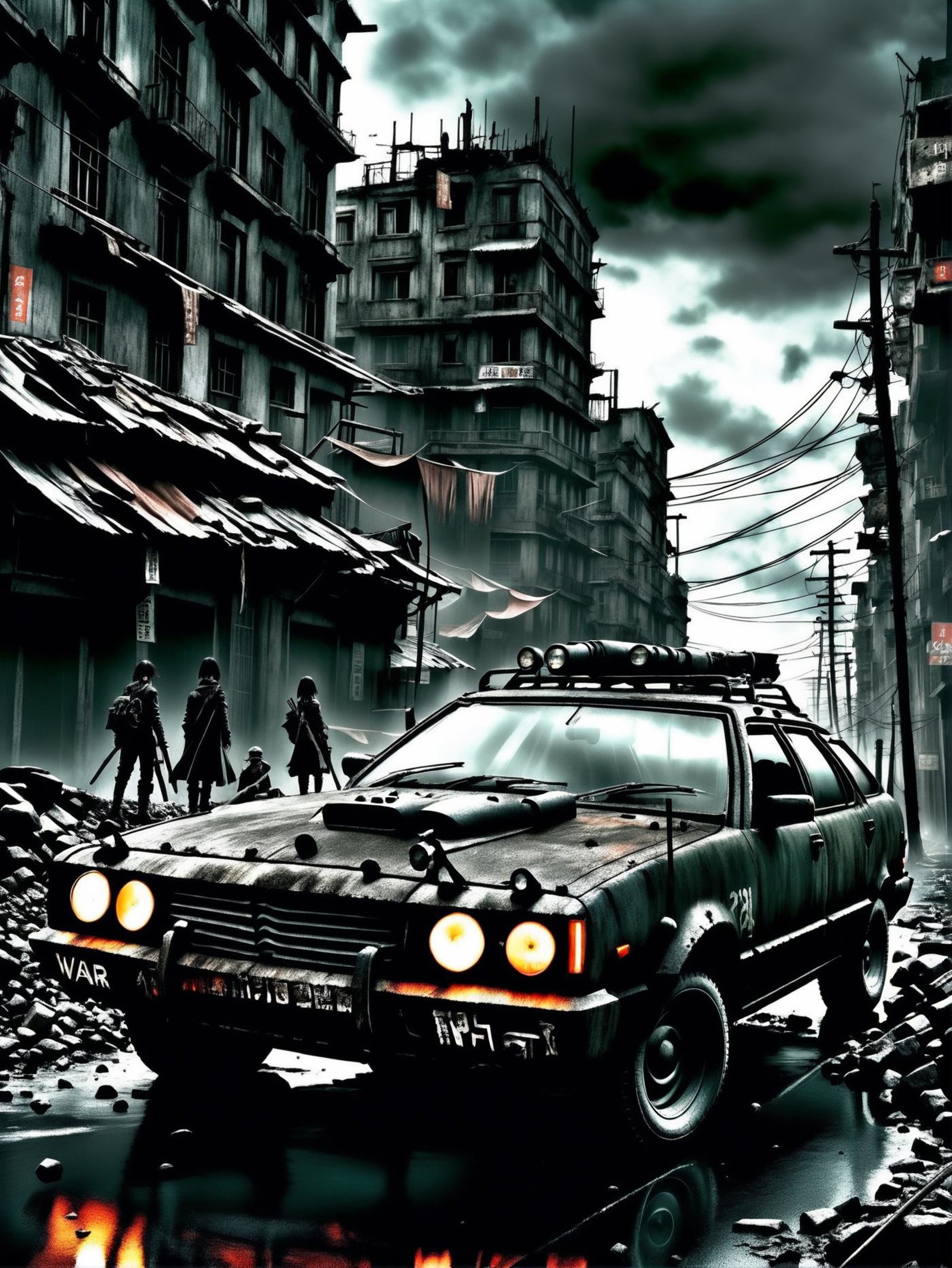 (dark anime art), post apocalyptical war car, dark city